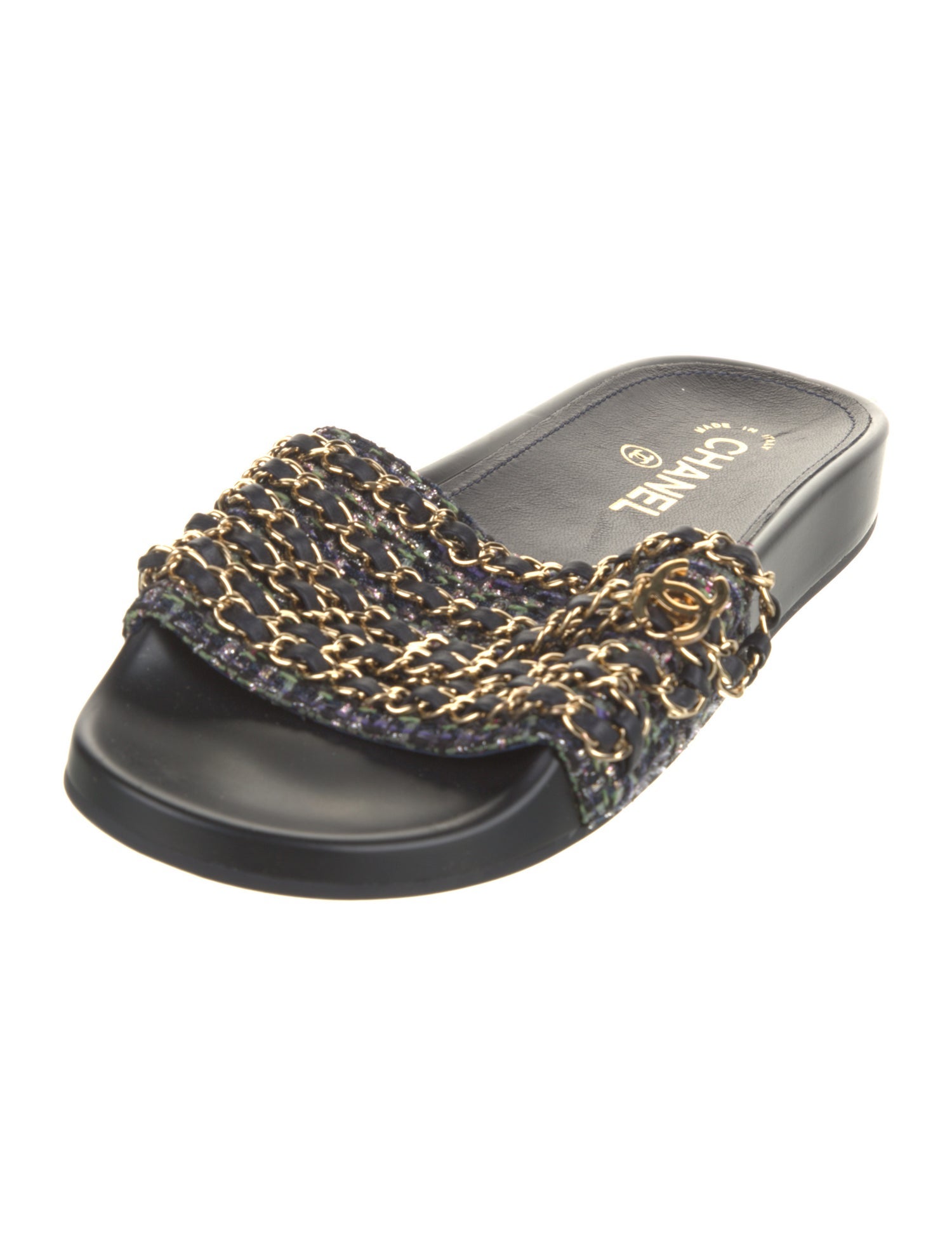 Chanel Interlocking CC Logo Tweed Slides